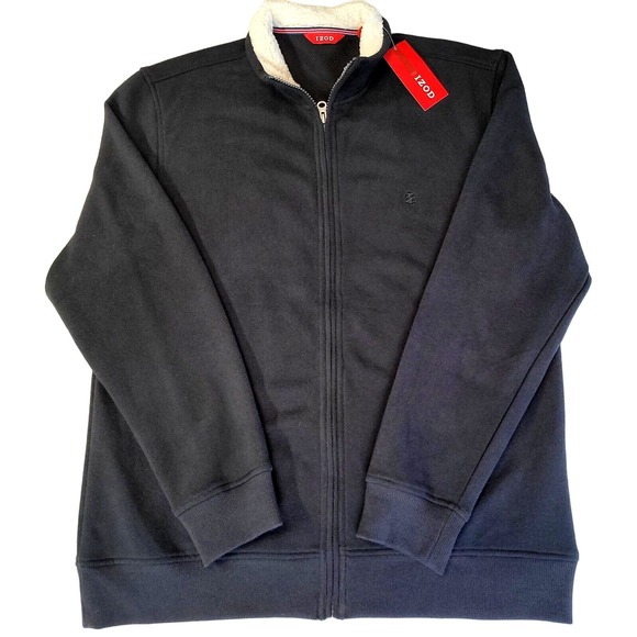 IZOD Men’s Fleece Full Zip Jacket M L Black Cotton Polyester Faux Fur Collar New - Picture 1 of 10